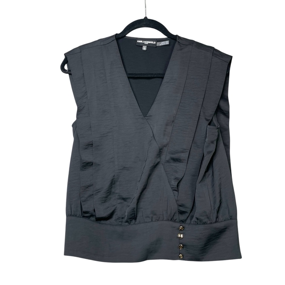 karl Lagerfeld women blouse black pleated sleeveless elegant Sz S V Neck Career